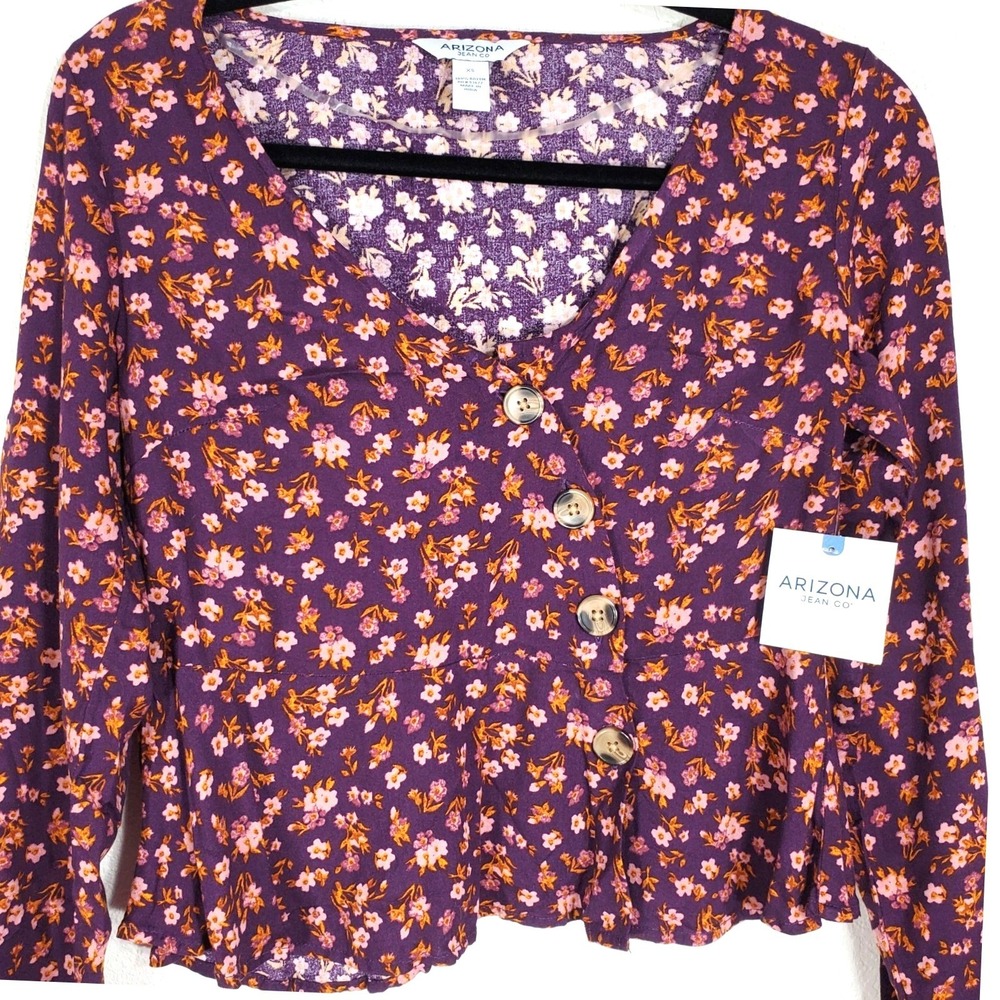 Arizona Jean Co. Womens XS Extra Small Top Floral Button-Down Long Sleeve Rayon - Picture 7 of 10